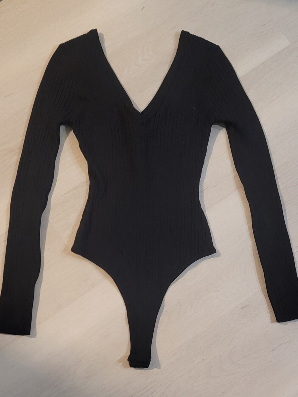 AKIRA Black Ribbed V-Neck Long-Sleeve Bodysuit